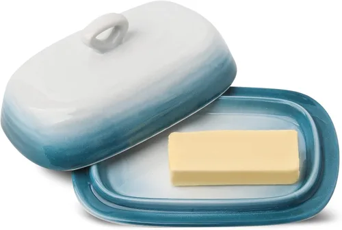 Hasense Mantequillera con tapa para encimera, soporte de mantequilla de cerámica con asa perfecto para mantequilla de las costas este y oeste, Azul