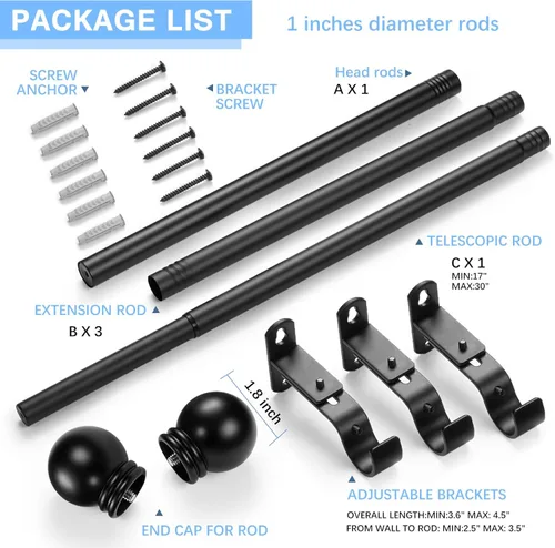 Miniatura 3 de Cortinero para ventanas, 16 a 76 pulgadas, con longitud máxima ajustable de 88 pulgadas, diámetro de 1 pulgada y remates redondos, color negro