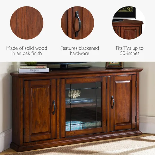 Miniatura 5 de Leick Home 80385 Soporte de TV de esquina de tres puertas de vidrio con plomo con almacenamiento cerrado para televisores de 50 pulgadas, roble