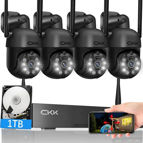 [10CH, actualización de 5 MP] Sistema de cámara de seguridad inalámbrica CKK con disco duro de 1 TB, 4 cámaras PTZ para exteriores e interiores,