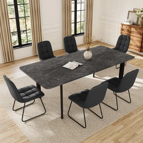 Miniatura 13 de HIPIHOM Mesa de comedor extensible para 6-8 personas, mesa rectangular de 63 a 78.7 pulgadas, MDF blanco con patas de metal resistentes, ahorro