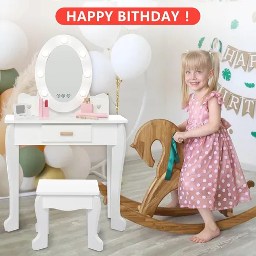 Miniatura 4 de GarveeHome Juego de tocador para niños con espejo iluminado, mesa de tocador y silla para niños, juego de maquillaje para niñas, rosa
