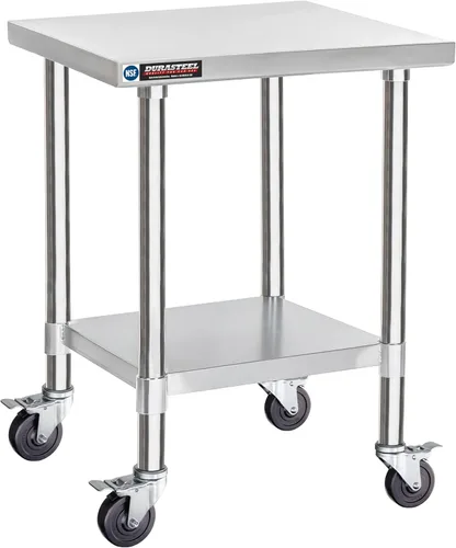 DuraSteel 24x24 NSF Mesa de trabajo en carro de acero inoxidable - Mesa de preparación de alimentos resistente con ruedas - Carro utilitario de