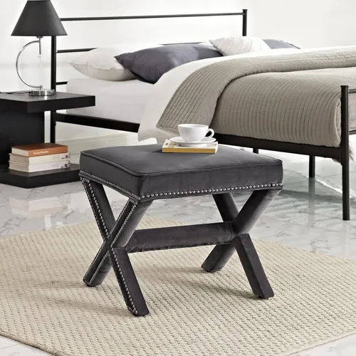Miniatura 5 de Modway Otomana tapizada de terciopelo con base en X con ribete de cabeza de clavo en gris