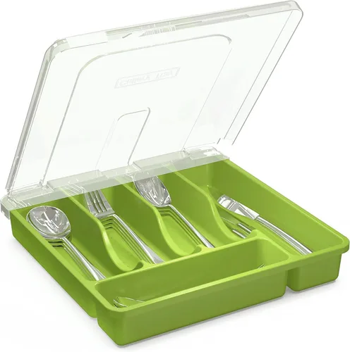 Miniatura 11 de Bandeja para cubiertos con tapa, organizador de cajones para utensilios de cocina, organizador de cubiertos de plástico para encimera de cocina