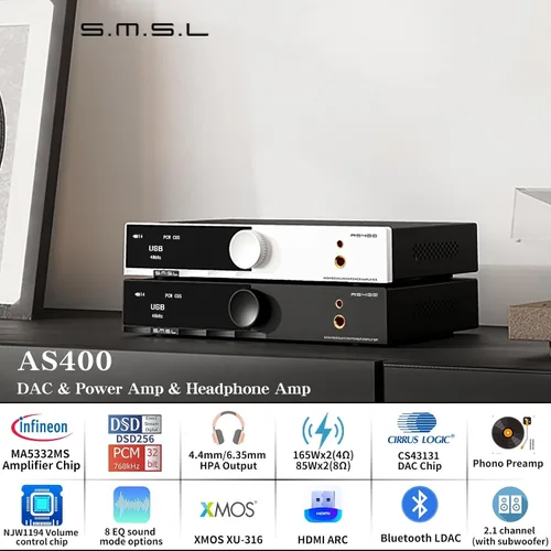 Miniatura 2 de S.M.S.L AS400 Amplificador de Potencia DAC Amplificador de Auriculares 165W x2 2.1 Canal MA5332MS MM Amplificador Phono Bluetooth 5.1 CS43131 MQA CD