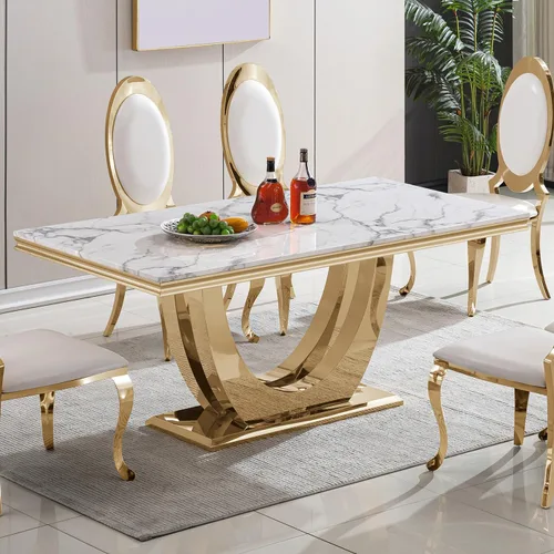 Miniatura 17 de Mesa de comedor de mármol negro para 4, 6, 70 pulgadas, moderna mesa de comedor de cocina dorada con base de acero inoxidable con diseño