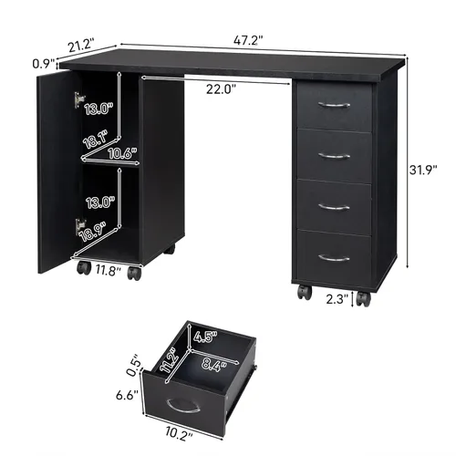 Miniatura 5 de Mesa rodante de manicura, estación de escritorio de uñas, estación de manicura para salón de belleza, equipo de arte de uñas con 4 cajones y Negro