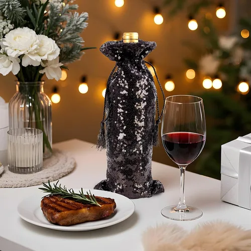 Miniatura 2 de SquarePie Bolsa de regalo de vino de lentejuelas negras, 4 piezas con cordones de 5.5 x 14 pulgadas, fundas de botellas con purpurina para Navidad