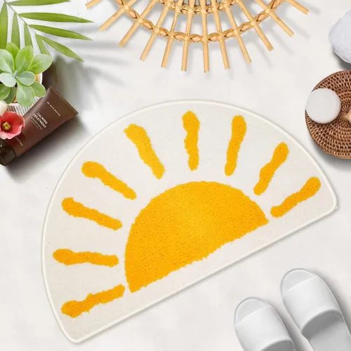 Miniatura 9 de Alfombras de baño medio círculo, lindas alfombras de baño bohemias de color blanco y amarillo, antideslizantes, suaves y absorbentes, de microfibra