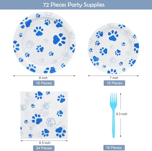 Miniatura 2 de durony 72 piezas de suministros de fiesta de cumpleaños con estampado de patas de perro, incluyen 32 platos, 24 servilletas y 16 tenedores, huellas