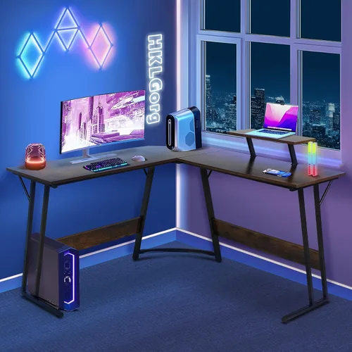 Miniatura 6 de HKLGorg Escritorio en forma de L para computadora de juegos, mesa de esquina para juegos de 50.4 pulgadas con soporte para monitor, superficie