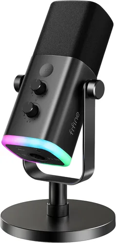 FIFINE - Micrófono dinámico XLR/USB para podcasts, de transmisión de juegos con luz RGB, botón de silencio, conector para auriculares, soporte de