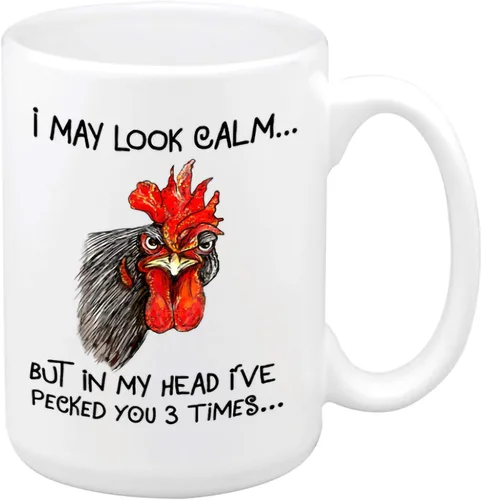 Miniatura 7 de Taza de café de cerámica con texto en inglés "I May Look Calm But in My Head I've Pecked You 3 Times", divertida taza de regalo de gallo de pollo