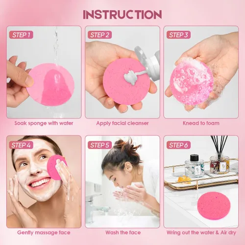 Miniatura 3 de AIDEA 96 esponjas faciales comprimidas, color rosa, esponjas faciales redondas para limpieza, esponjas cosméticas de celulosa natural, esponjas