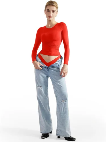 Miniatura 5 de SUUKSESS Camisetas básicas ajustadas de doble forro para mujer, cuello redondo, manga larga