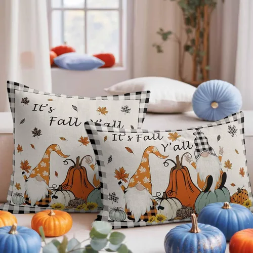 Miniatura 7 de Juego de 2 fundas de almohada de otoño de 20 x 12 pulgadas, diseño de gnomo de calabaza, fundas de cojín decorativas, fundas de almohada lumbares a
