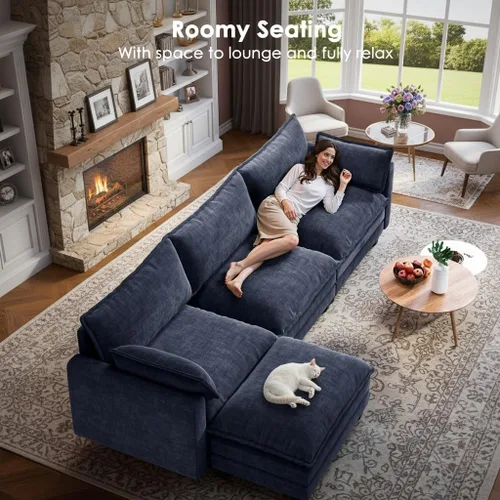 Miniatura 5 de Marsail Sofá modular modular de 110.6 pulgadas en forma de U, moderno y cómodo sofá nube, sofá de felpilla de 5 asientos con almohada y otomana Azul