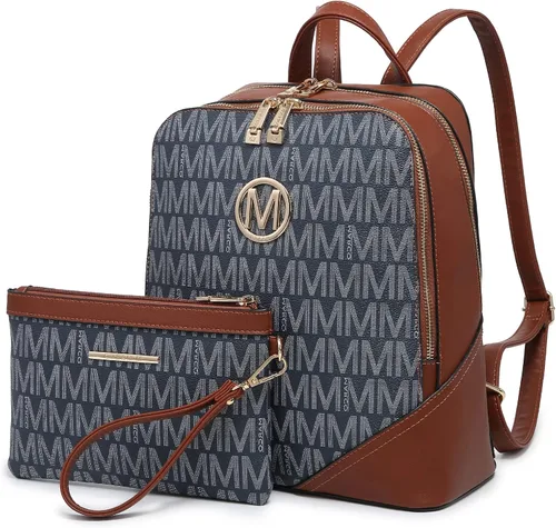MKP - Mochila mediana con doble cremallera para mujer de piel sintética para niñas y damas bolsa de hombro de viaje 2 unidades Azul oscuro Mochilas