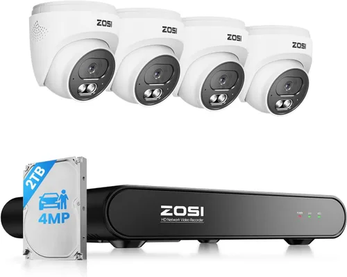 ZOSI C220 8CH 4MP QHD 2.5K PoE Sistema de cámara de seguridad para el hogar, NVR de 8 canales 5MP 3K con 2TB HDD para grabación 24/7, 4 x cámaras IP