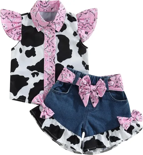 Emmababy Trajes de mezclilla occidentales para niñas pequeñas, con volantes, sin mangas, con estampado de vaca, con botones, con cinturón,