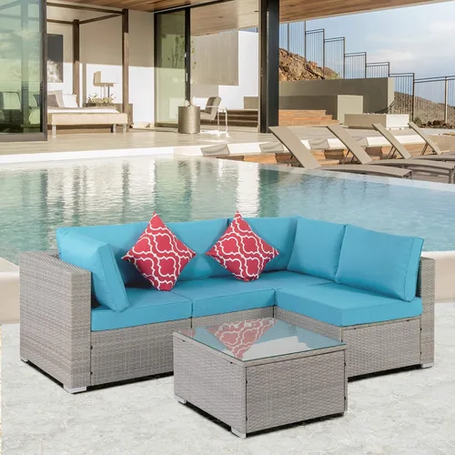 Miniatura 20 de Quarte Juego de muebles de patio de 4 piezas, sofá modular de mimbre de ratán PE para exteriores con acolchado y almohada, para porche, césped, Gris