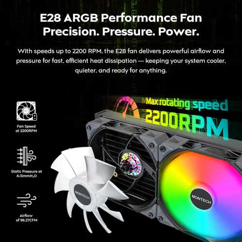 Miniatura 3 de MONTECH HyperFlow Digital 240 - Enfriador líquido de CPU, AIO de 9.449 in con bomba de 3100 RPM, 2 ventiladores E28 ARGB de 4.724 in, pantalla