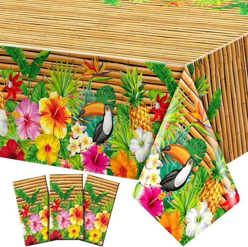 Frienda Mantel Tiki de 3 piezas para decoración de mesa Luau, mantel de plástico para fiesta hawaiana, desechable, tótem Tiki para Hawaii, playa,