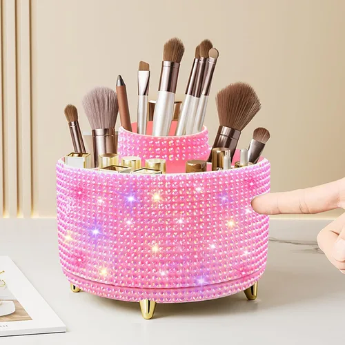 Miniatura 10 de Organizador para brochas de maquillaje, organizador de brochas de maquillaje giratorio 360°, taza con 5 ranuras para brochas de maquillaje