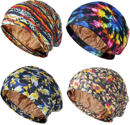 Miniatura 7 de Geyoga 4 piezas de gorro de satén de seda para mujeres durmiendo, gorro de dormir de doble capa, gorro de dormir holgado