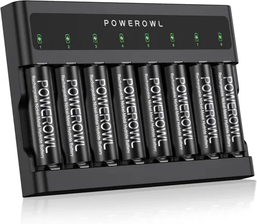 POWEROWL Baterías AA recargables con kit de cargador, alta capacidad 2800mAh 1200 ciclos doble A batería - 8 unidades