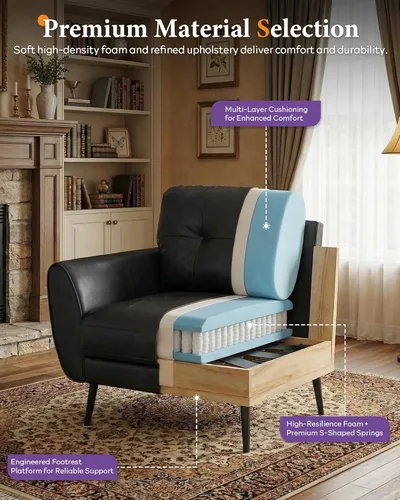 Miniatura 6 de TYBOATLE Juego de 2 sillas de acento, cómodas sillas modernas de sala de estar de cuero negro para lectura, sillas de acento tapizadas