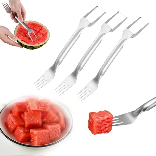 Cortador de frutas de acero inoxidable 2 en 1, nuevo cortador de tenedor de sandía 2026, herramienta cortadora de tenedores de fruta de doble 3 PZAS