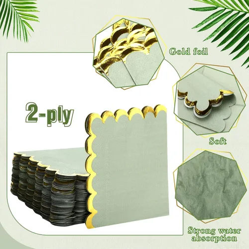 Miniatura 3 de Panelee Paquete de 100 servilletas de cóctel verde salvia con lámina dorada de 2 capas de postre plegadas de 5 x 5 pulgadas, servilletas desechables