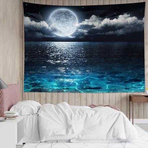 Miniatura 26 de LB Tapiz de cielo nocturno, luna llena en el mar, tapiz para colgar en la pared, tapiz de nube blanca de fantasía, tapiz de acuarela, arte de pared
