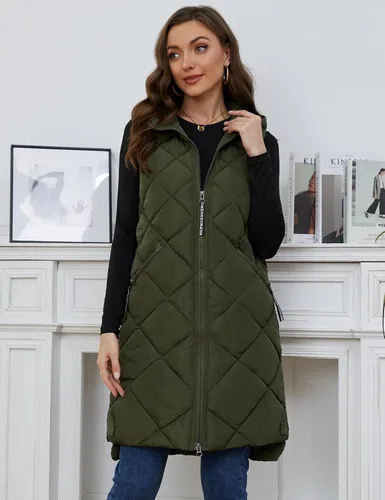Miniatura 6 de Gihuo Chaleco largo con capucha para mujer, sin mangas, con burbujas, con cremallera, abrigo cálido con bolsillos