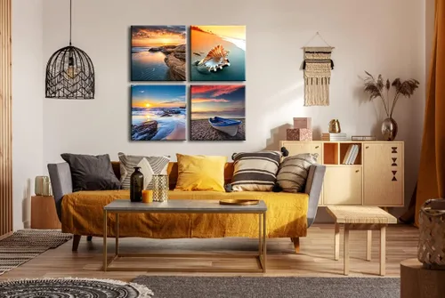 Miniatura 3 de Pyradecor Puesta de sol mar playa moderna paisaje marino cuadros cuadros sobre lienzo arte de pared 4 paneles estirados impresiones de lienzo