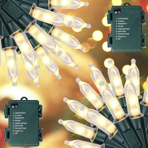Miniatura 8 de Blissun Luces de Navidad, juego de 50 luces de alambre verde, mini cadena de luces de Navidad a pilas con 8 modos, luces de hadas de 16 pies