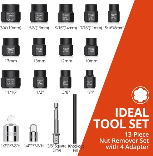 Miniatura 2 de GETLITOOL Juego de 17 herramientas extractoras de pernos de impacto, 42CR-MO Juego de removedor de pernos de impacto y tuercas con estuche