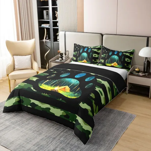 Erosebridal American Flag 100% Cotton Bedding Set Twin Army Green Camo Duvet Cover Bear Claw Hunting Theme Comforter Cover Camoflage Camping