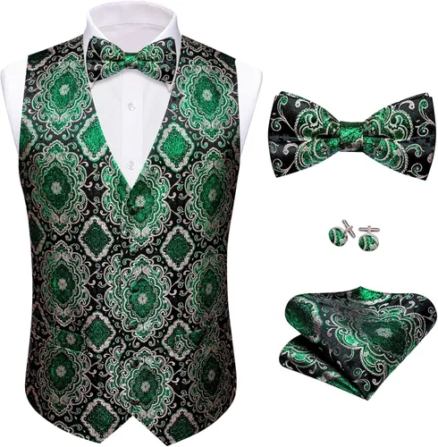 Miniatura 62 de Barry.Wang Conjunto de chaleco de pajarita para hombre, chaleco con cuello en V de seda jacquard de cachemira, gemelos de pañuelo formal/ocio, boda