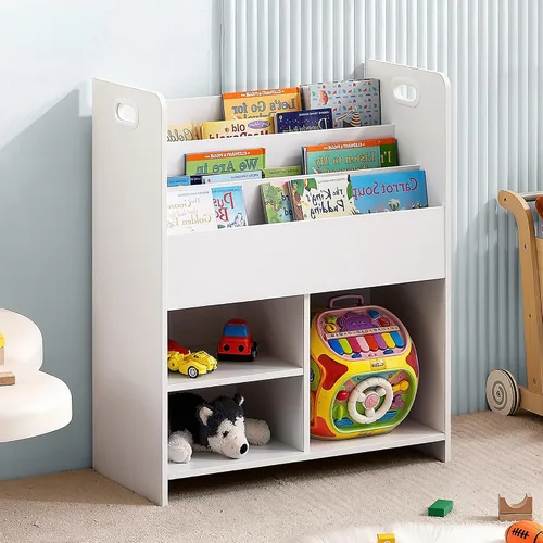 Miniatura 12 de VECELO Estante de almacenamiento para libros de fotos para niños, organizador industrial de pie, estante de exhibición de libros para niños