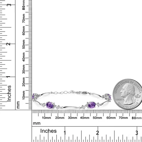 Miniatura 34 de Gem Stone King 925 Sterling Silver Gemstone Birthstone and White Created Sapphire Tennis Bracelet For Women Oval 7X5MM and 2MM 6 Inch + 1 Inch