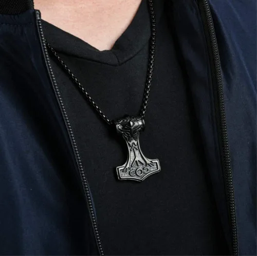 Miniatura 5 de Collar con colgante de martillo Thors Mjolnir de acero inoxidable con nudo celta negro con cadena de 220 in