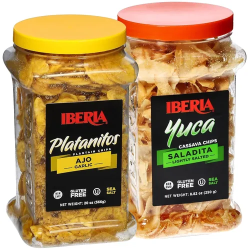 Iberia Chips de yuca/yuca, 8.8 onzas + chips de plátano de ajo, 20 onzas.