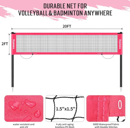 Miniatura 9 de Juego de red combinada de voleibol y bádminton de 20 pies para exteriores para patio trasero y playa con postes ajustables, red duradera Rosa