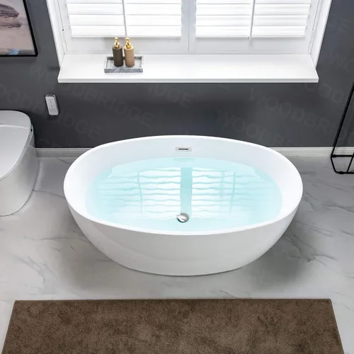 Miniatura 5 de WOODBRIDGE Bañera de acrílico independiente de 55 pulgadas, bañera blanca de remojo contemporáneo con desbordamiento y drenaje cromados, B1418