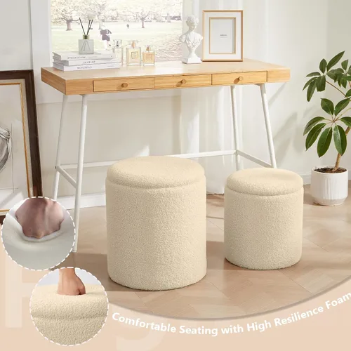 Miniatura 5 de Royal Windsor Boucle - Juego de 2 otomanas redondas con almacenamiento, taburete pequeño para sala de estar, mesa de centro pequeña, taburete