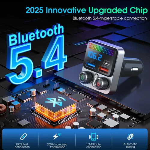 Miniatura 3 de Adaptador Bluetooth 5.4 para coche de 48 W, adaptador USB Bluetooth para automóvil, radio transmisor FM inalámbrico, conmutación de canciones