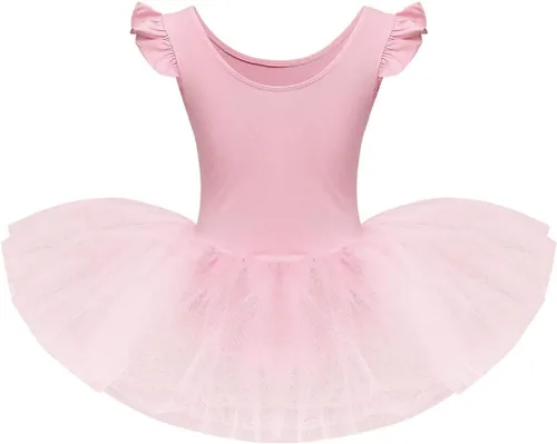 Miniatura 2 de IDOPIP Vestido de ballet con mangas voladas y volantes para niñas pequeñas, tutú con falda de leotardo, bailarina, baile, disfraz de gimnasia